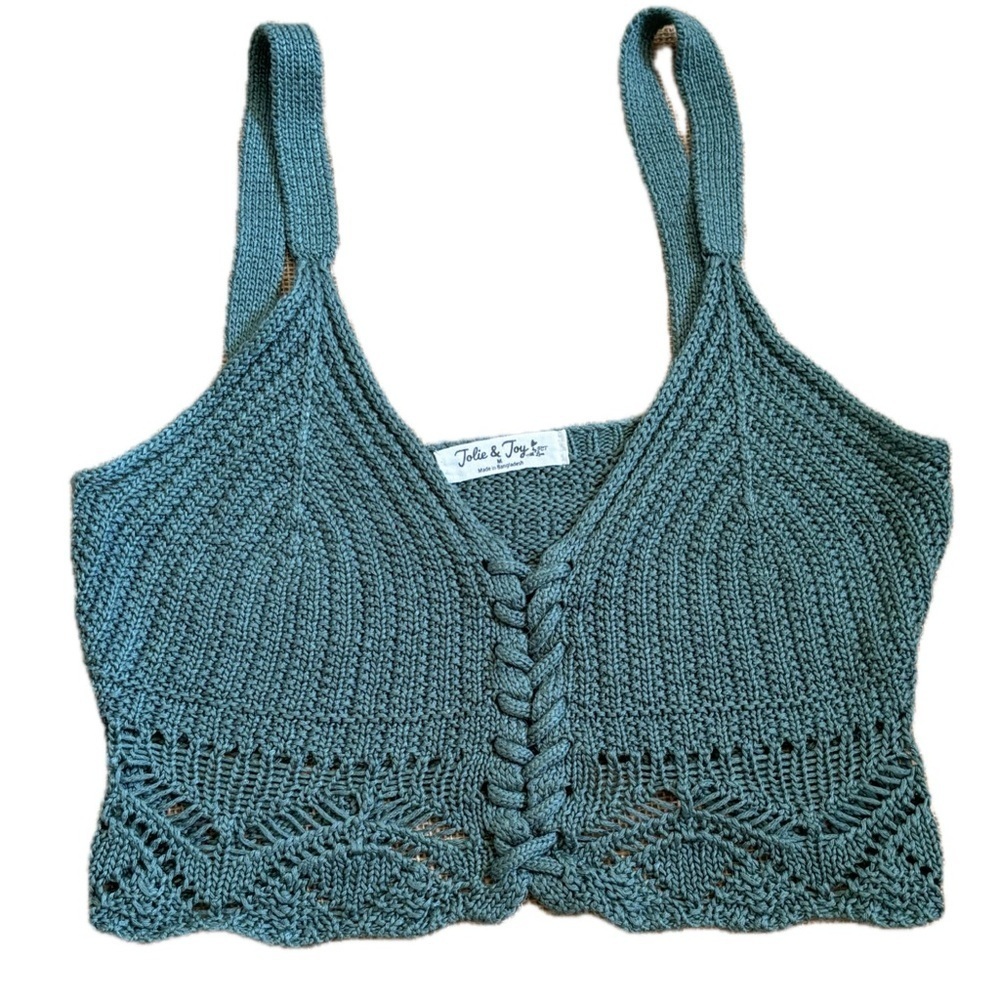 Seafoam Green Crochet Cropped Lace Up Tank Top Medium Boho Festival Cottage Core